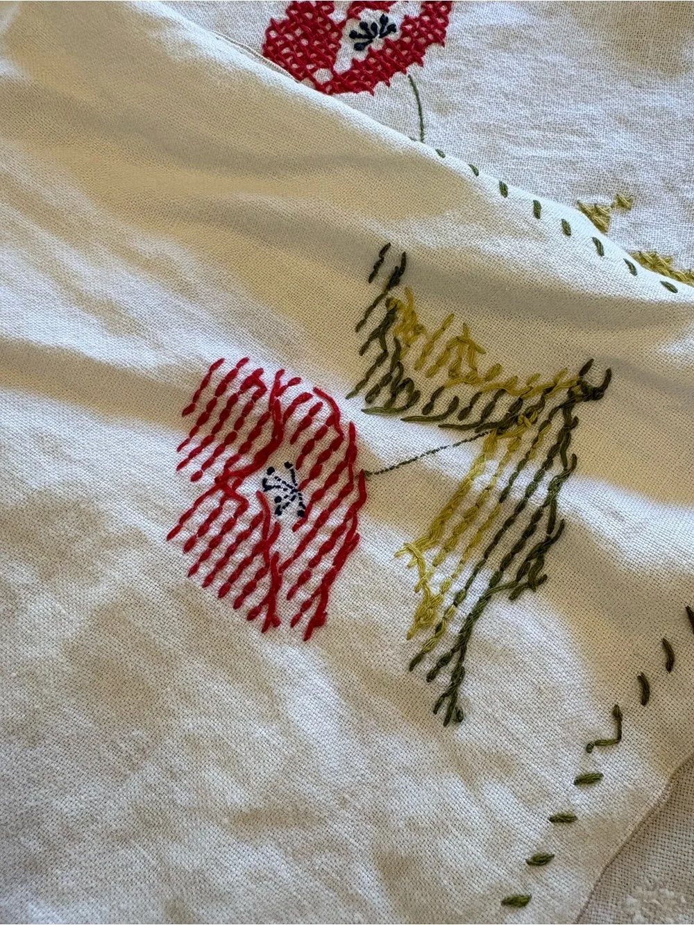 Handmade White Tablecloth with Red Tulip Cross Stitch